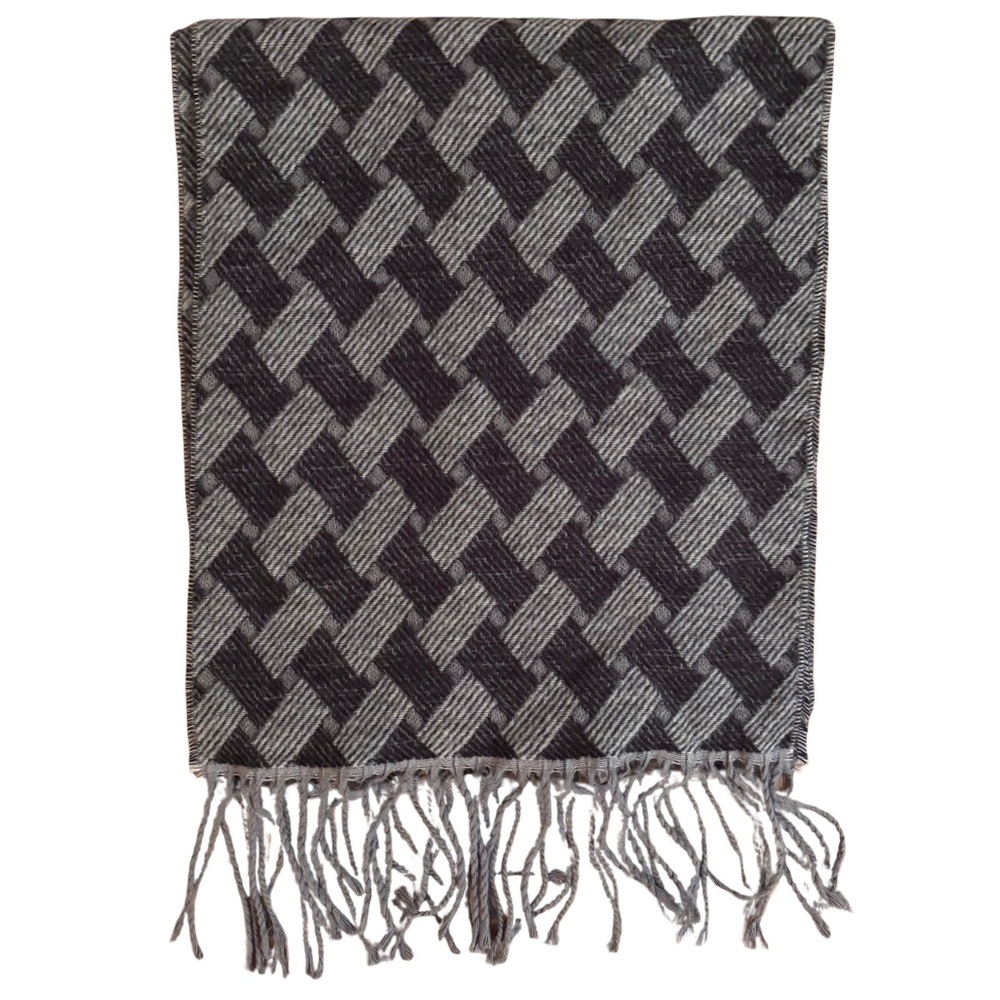 Retreat Cashmere Feel Black and Gray Woven Scarf with Fringe